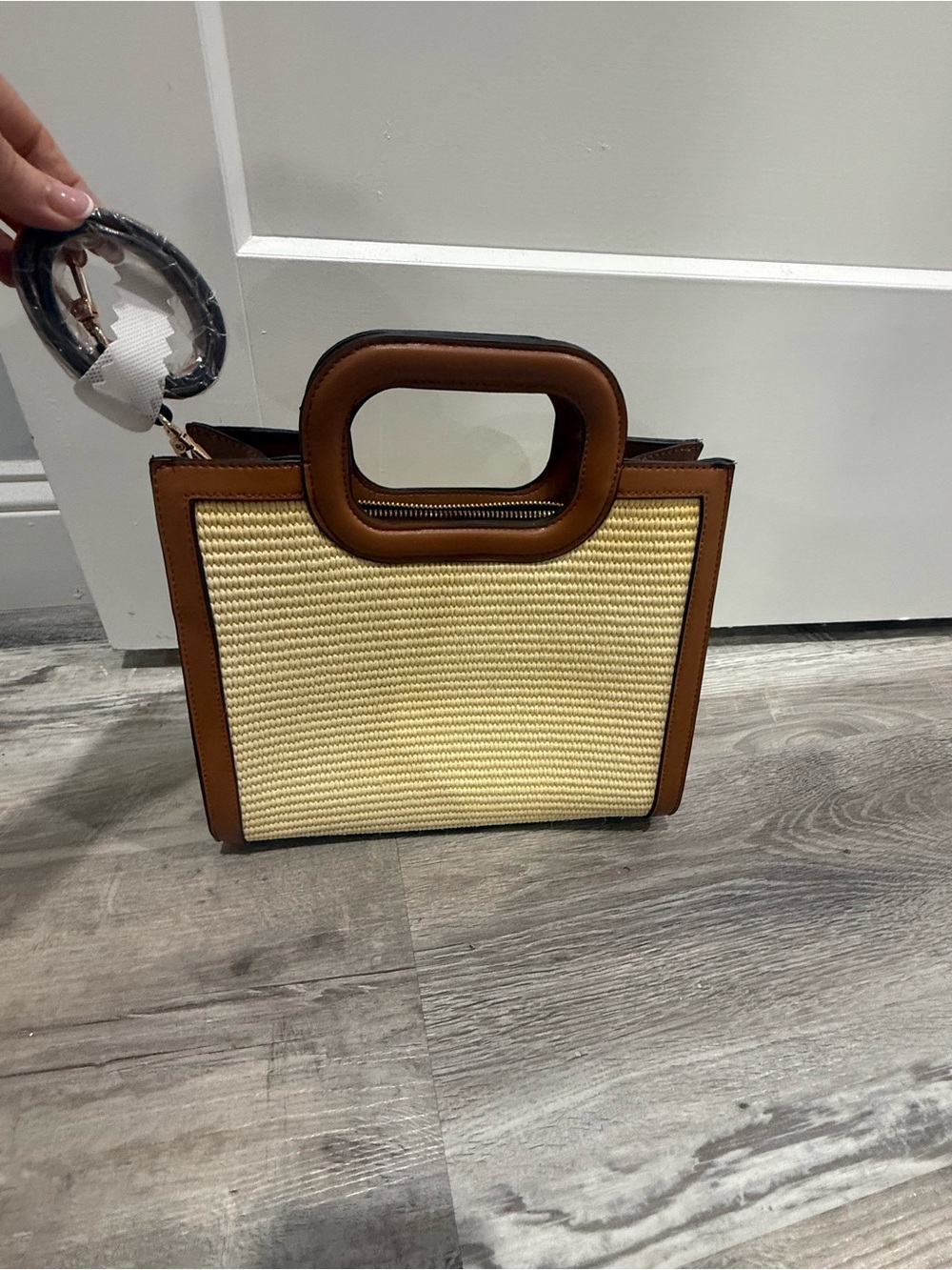 Jen and CoWoven Square Cutout Handle Purse Straw Tote with Brown Trim Crossbody